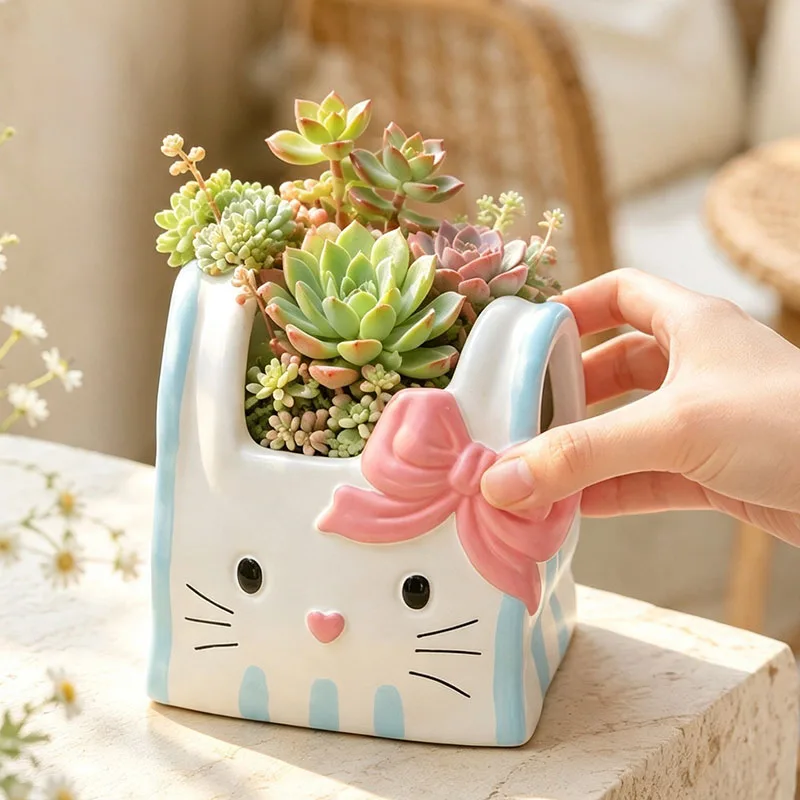Cute Bow Cat Tote‑Bag Succulent Planter Resin Flower Pot Cartoon Kitty Container for Balcony Desktop Home Garden Decor Gift