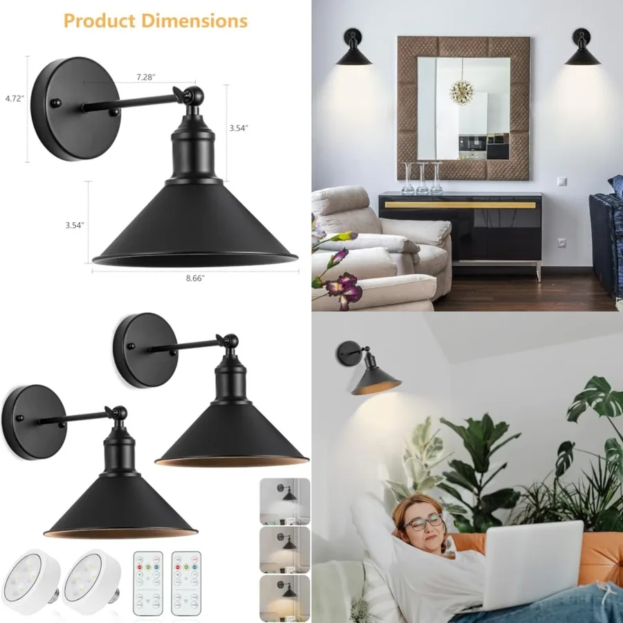 

Vintage Black Wireless Battery Operated Wall Sconces, Cordless LED Wall Lights Set of 2 with Remote Control, for Bedroom, Farmh