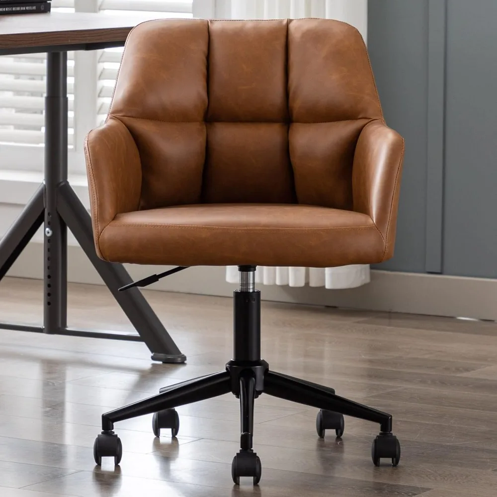 

adjustable home office desk chair with comfy square tufted mid-back, faux leather 360 swivel upholstered task armchair with whe