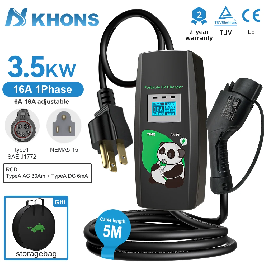 

Khons J1772 Портативное зарядное устройство для электромобилей 3,5 кВт, 16 А, 1 фаза, разъем NEMA5-15, зарядное устройство для электромобилей, совместимое с автомобилями Type1, кабель из ТПУ 5 м