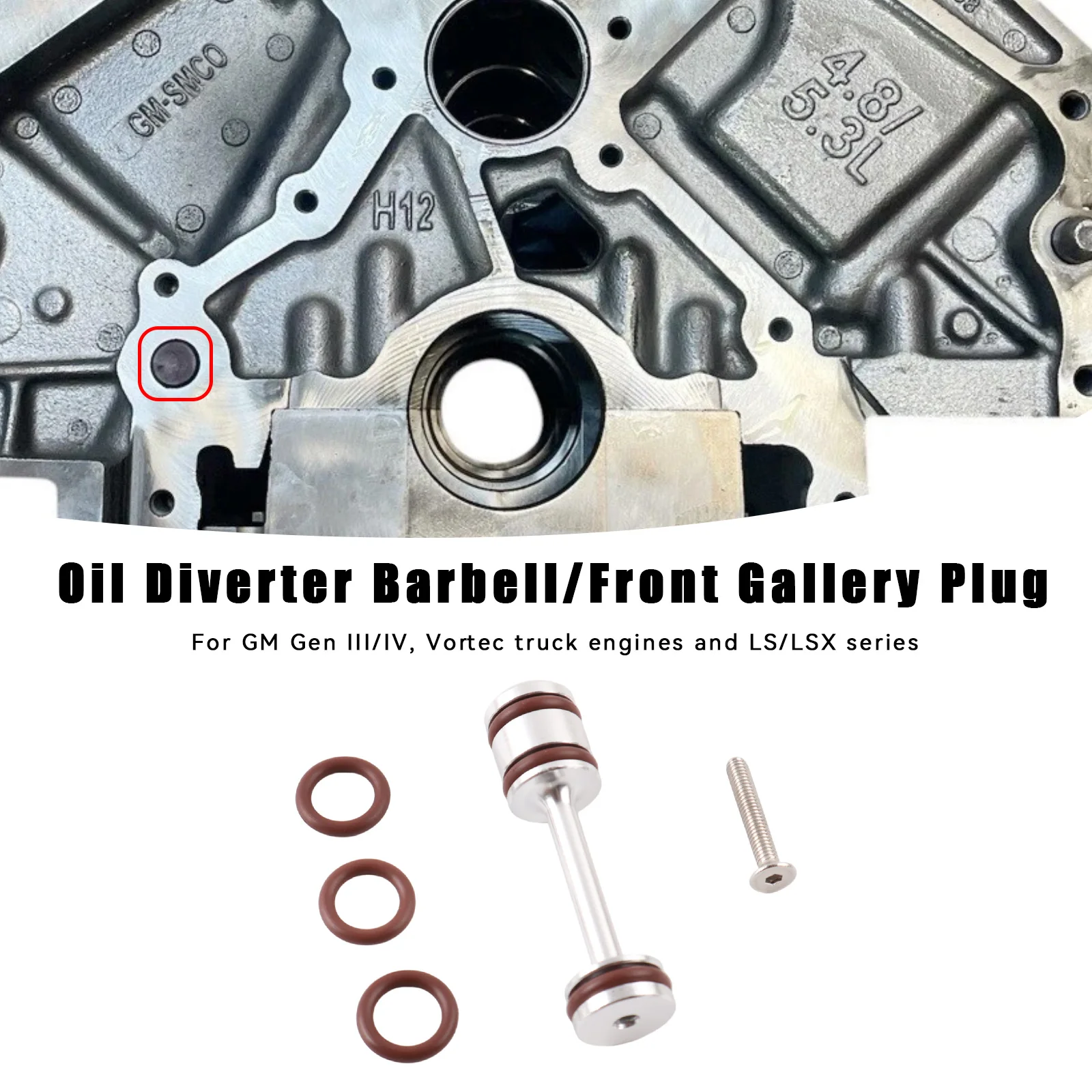 Billet Aluminum Oil Diverter Barbell & Front Gallery Plug Compatible for GM Gen III/IV, Vortec truck engines and LS/LSX series