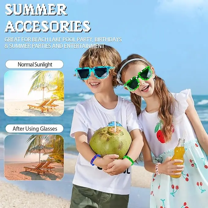 24 szt. upominków na przyjęcie w stylu pikseli: 12 par pikselowych okularów przeciwsłonecznych i 12 silikonowych bransoletek, dekoracje urodzinowe, artykuły imprezowe, prezent.