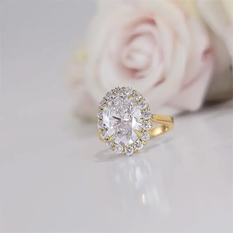 

RandH AU750 Real Yellow Gold 18K 3.0CT 10*8MM Oval Ice Cut D Color GRA Halo Moissanite Women's Ring For Engagement Wedding Gift