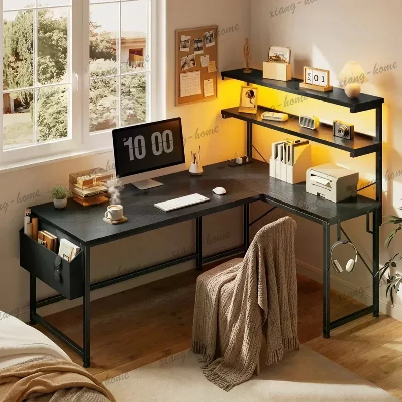LD High Quality 43.3 Inch White Reversible L‑Shaped Desk, Gaming Computer Desk with Power Outlet and Storage Shelves
