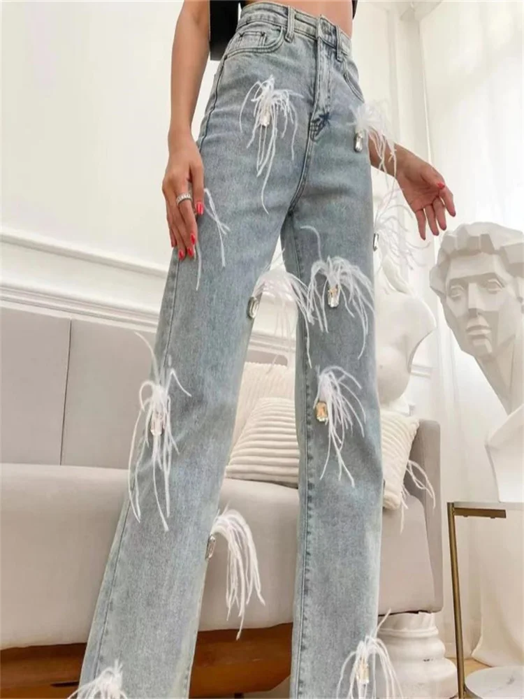 White tassel rhinestone feather design high-waisted straight-leg wide-leg pants jeans women