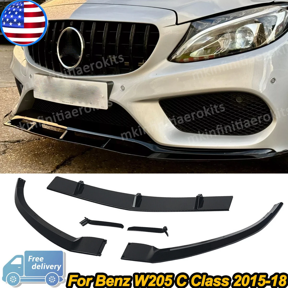 

SAIQINGSP ED1 Style Gloss Black Front Bumper Lip Splitter For Benz W205 C205 C43 C450 2015-2018 Front Valance Chin Spoiler Car Accessories
