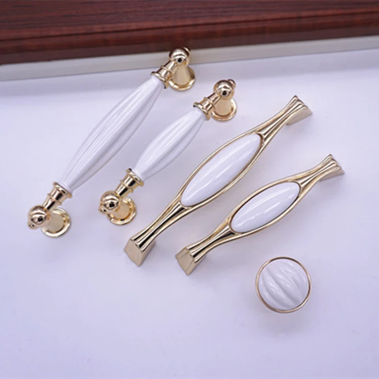 European Rural Gold White Ceramic Handle Kitchen Cupboard Shoe Cabinet Door Knobs Drawer Pulls  Furniture Handles Hardware