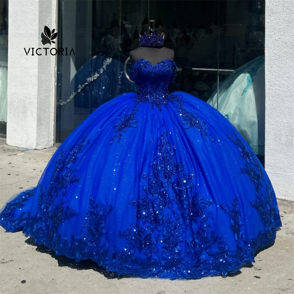 

Luxious Royal Blue Beaded Lace Applique Off The Shoulder Quinceanera Dress Ball Gown Mexican Birthday Lace Up Sweet 15 16 Dress