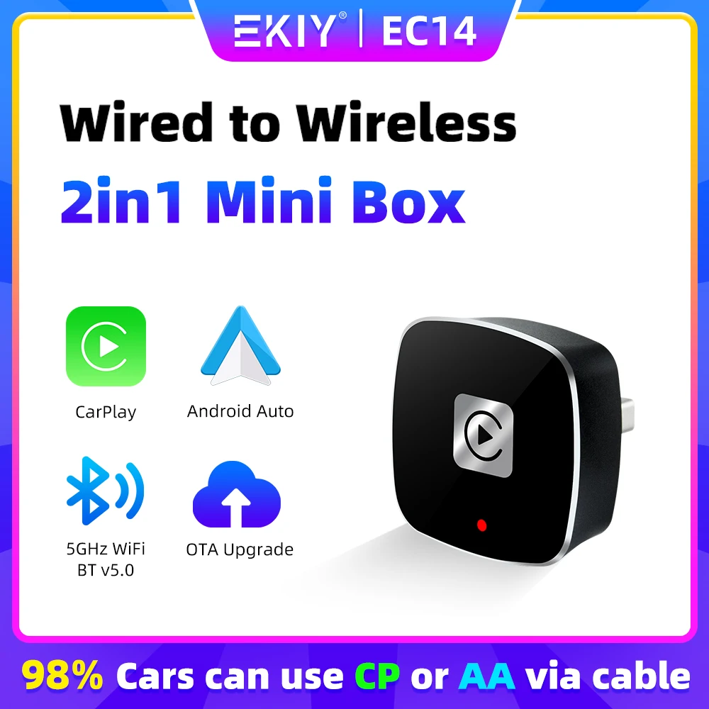 EKIY EC14 Mini Carplay Android Auto Wired To Wireless  Car Play Box Adapter Smart Ai Box Bluetooth WiFi Spotify Connect