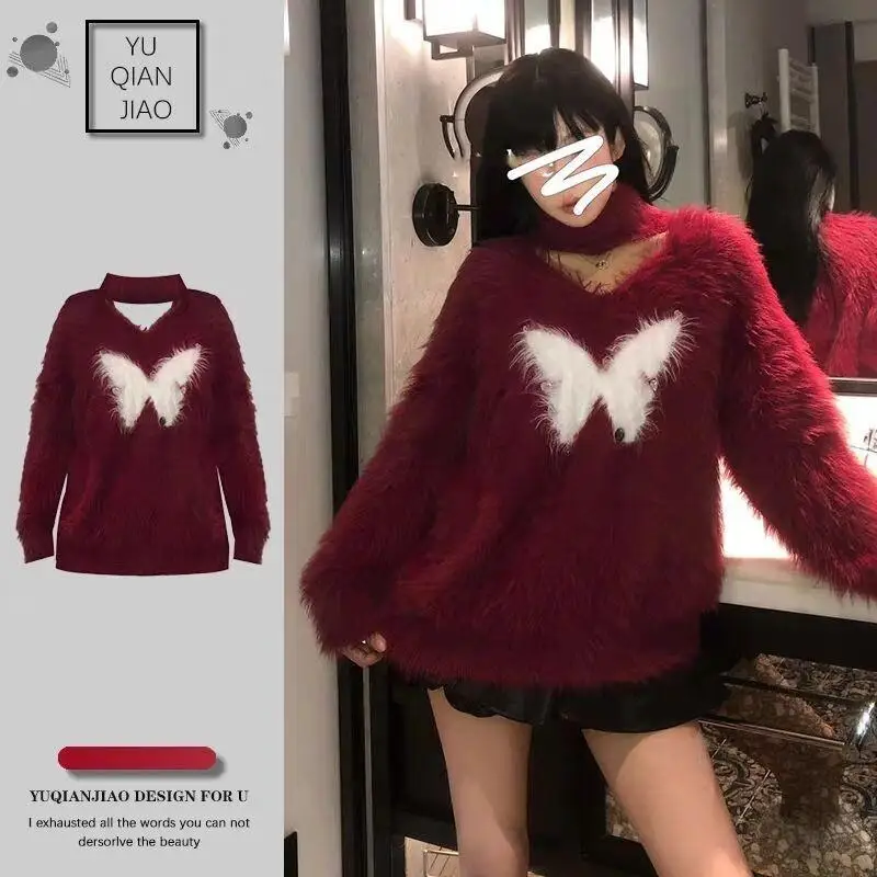 스웨터 니트웨어 여성용 레트로 밍크 벨벳 니트 스웨터 패션 루즈핏 밍크 벨벳 스웨터 탑 캐주얼웨어 귀여운 풀오버