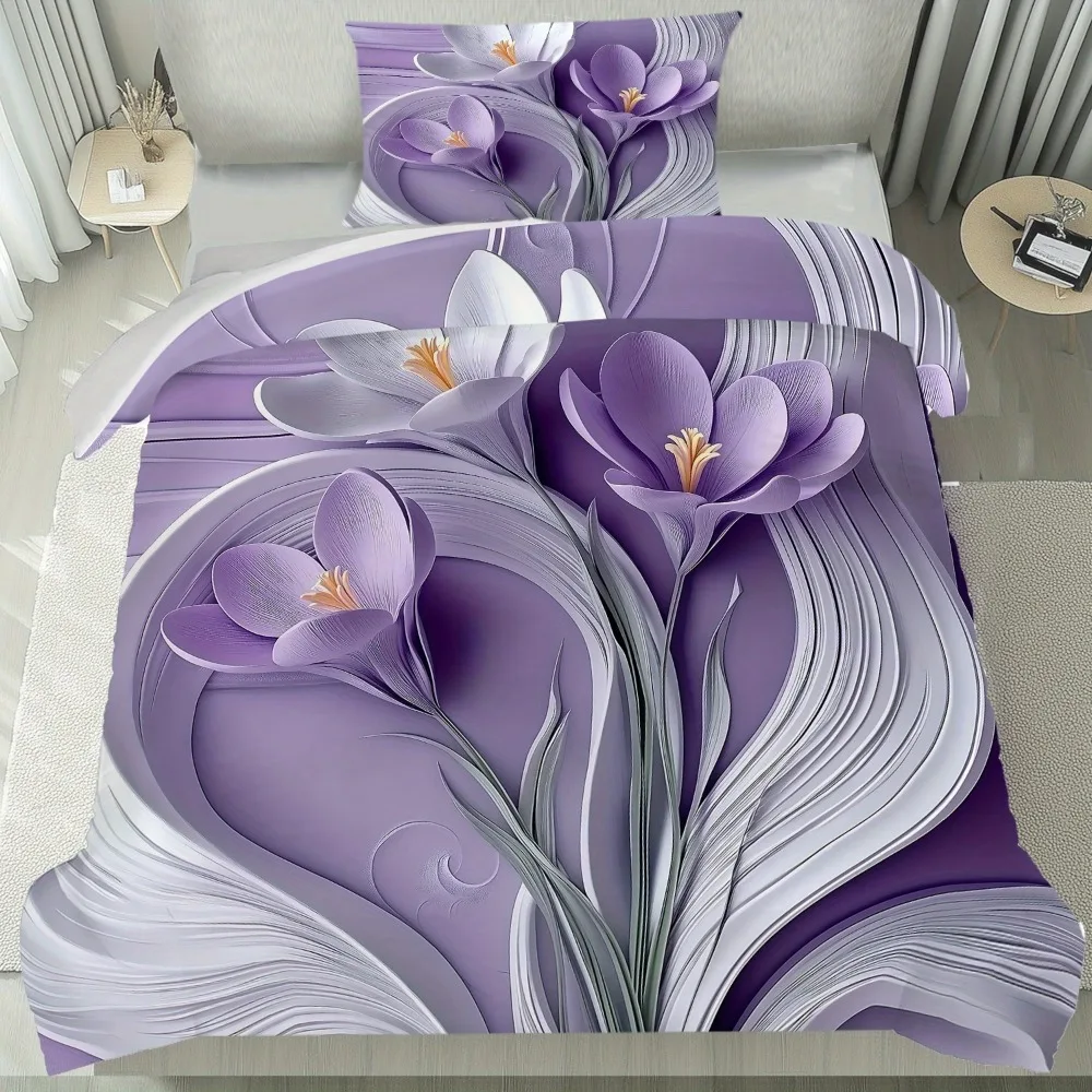 3pcs Bedding Set Purple Flowers 3D Printed Cozy Soft Duvet Cover King Queen Twin Size Birthday Gift for Adult Home Bedroom Decor