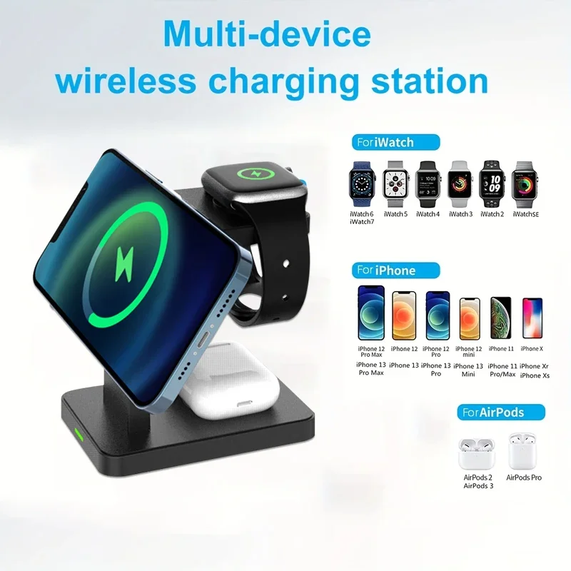 حامل شاحن لاسلكي مغناطيسي VIKEFON ، قاعدة شحن سريعة ، iPhone 15 ، 14 ، 13 Pro Max ، Apple Watch 1-8 ، AirPods 3 ، 3 في 1