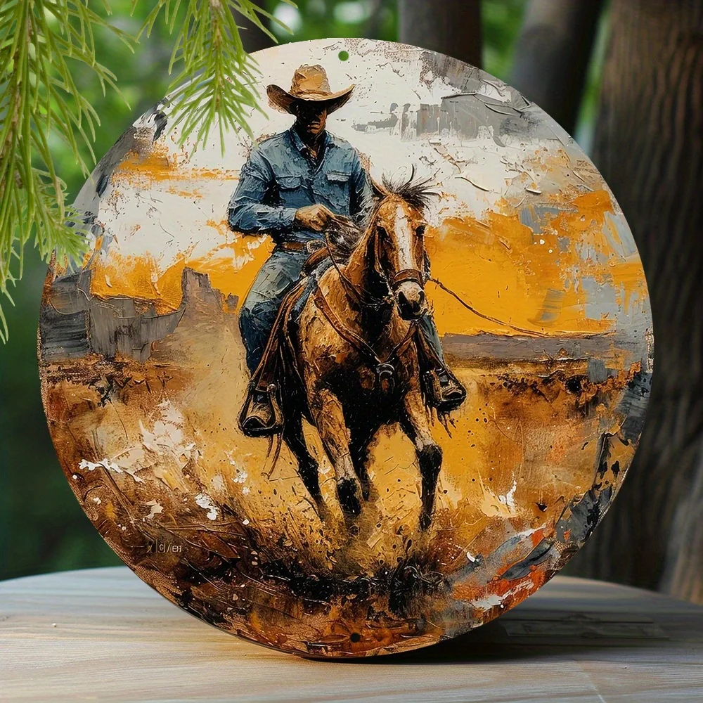 Aluminum  Sign Faux Resin Painting Round Wreath Decorative Sign Entrance Decoration Girls Gifts Western Cowboy Theme Decoration