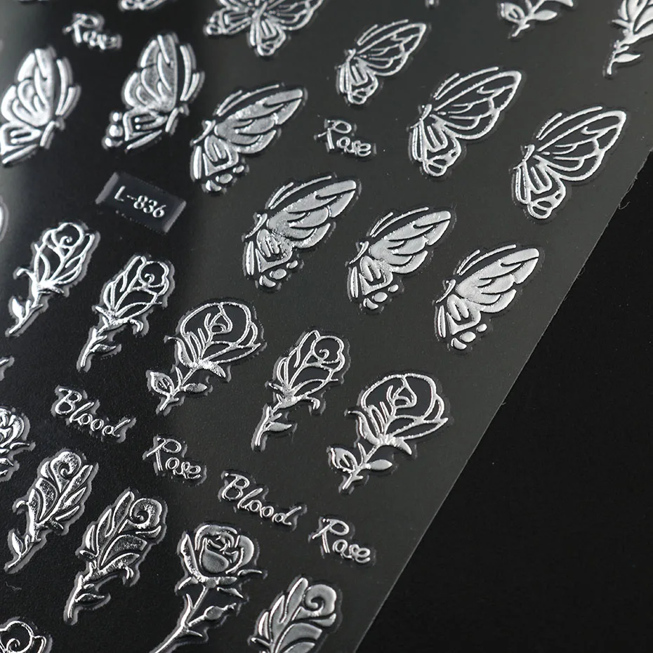 6 قطعة ملصقات أظافر فضية معدنية مجردة لهب النار الطوطم ضوء النجوم Y2K الشارات الربيع فراشة زهرة الورد لاصق ديكور #6