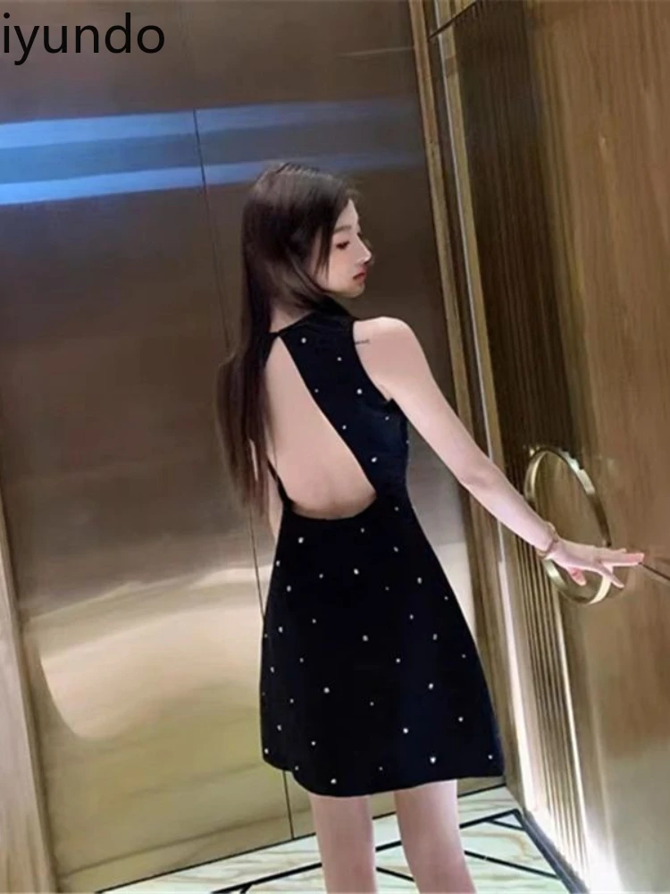 

2025 Temperament Lady Slim Vestidos De Tricô Femenino New Handmade Diamond Embroidery Patch Backless Sleeveless Vest Dress