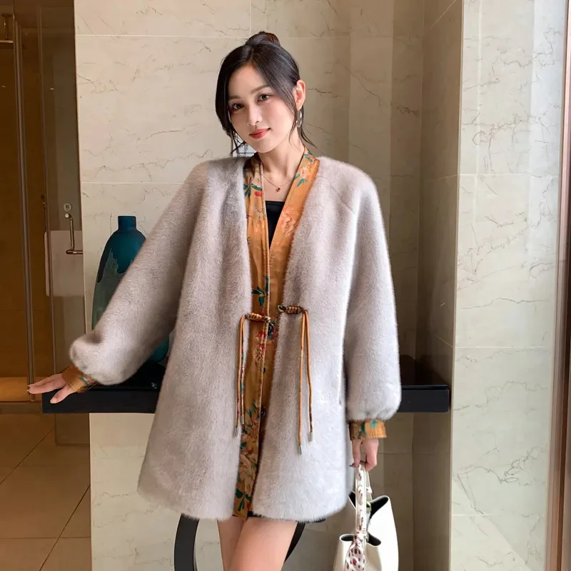 

2024 Women New Chinese style Medium to Long Fleece Fur Coat Spring and Autumn Female Imitation Rabbit Sable Fur Integrated Coat