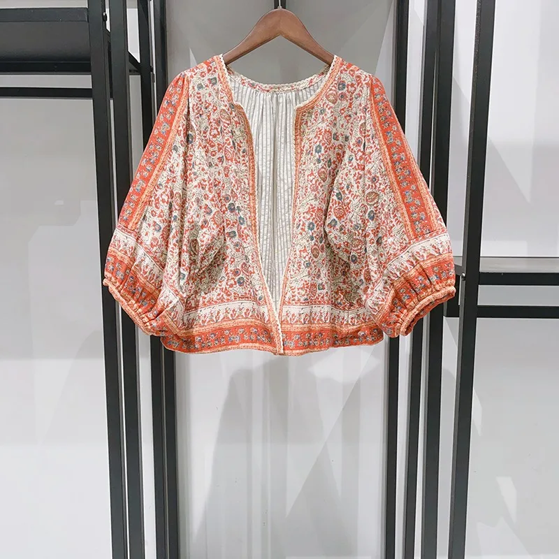 

Осенняя женская куртка без пуговиц, рукав три четверти, круглый вырез, винтажное женское пальто с цветочным принтом, повседневная мода, 2 цвета