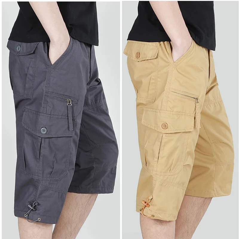 Big Size Men's Casual Cargo Shorts Men Cropped Pants Below Knee Shorts Relaxed Fit Elastic Waistband Sports Work Shorts