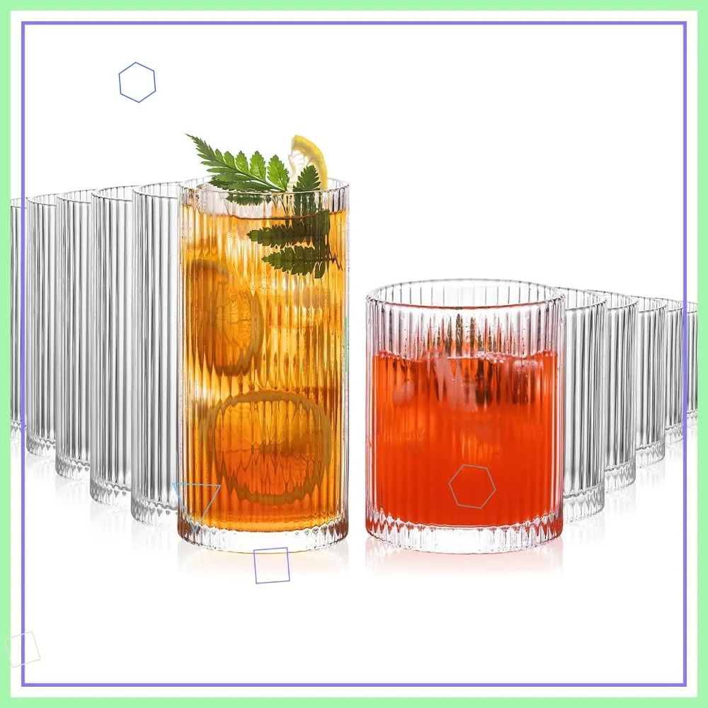 

Набор из 12 ребристых стеклянных стаканов: 6 стаканов для хайбола и 6 стаканов для рокс, винтажный стиль, для коктейлей, вина, соков