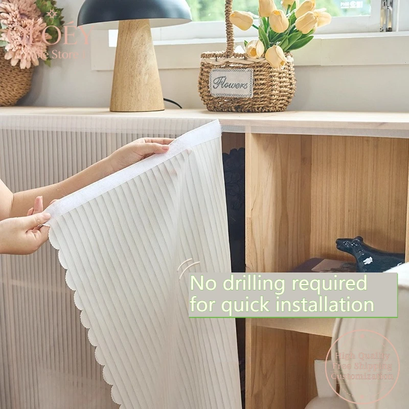 Dust Proof Cabinet Curtains Adhesive Wardrobe Door Sheer No Drill for Shoe Shelf Bookcase White Tulle Drapes Easy Install Panels