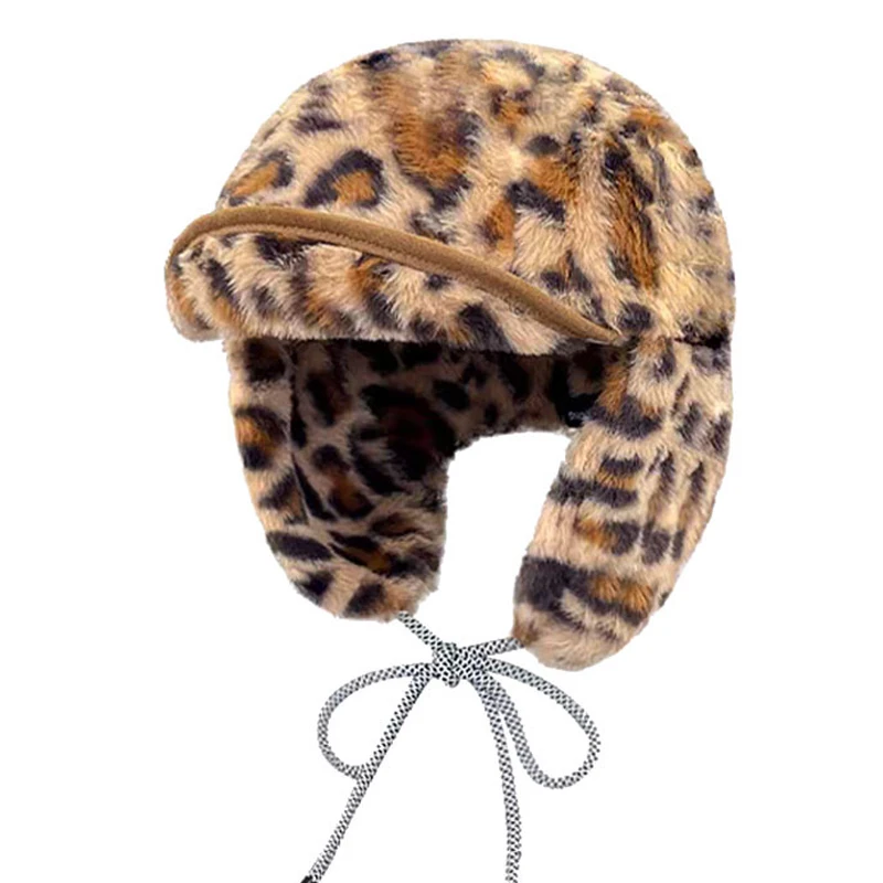 

plush fur winter hats for women soft brim camel white leopard pattern winter cap ear flaps cute bomber hats for women