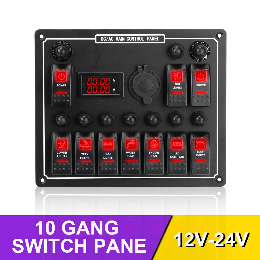 

Rocker Switch Panel 15A DC Output Car Auto Marine LED AC/DC 10 Gang Dual Power Control Waterproof