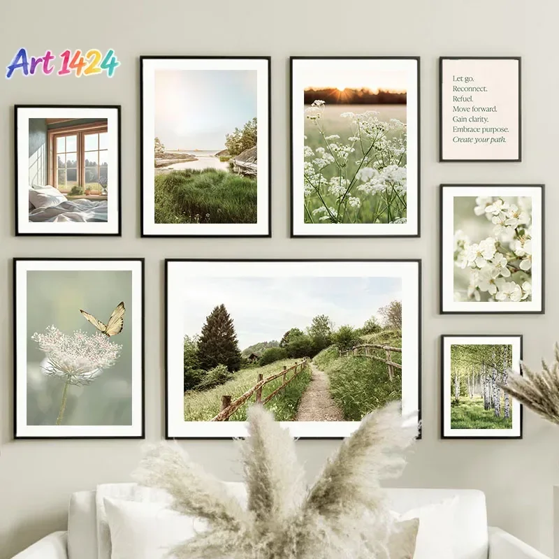 1pcs(No frame)Spring Scenery River Flower Green Plants Posters and Prints Canvas Painting Modern Wall Art Pictures for Living