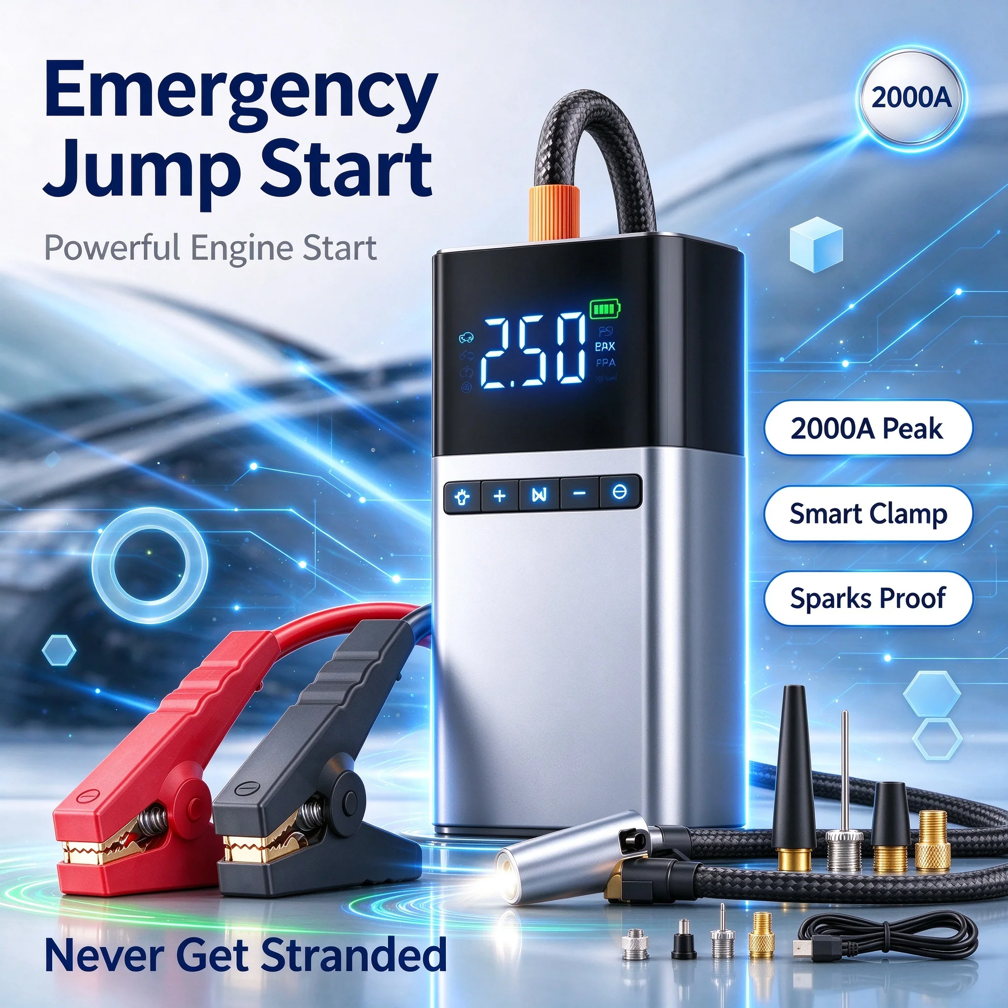 Multi-Function Portable Car Jump Starter & Air Compressor, 2-in-1 Emergency Battery Booster with Tire Inflator