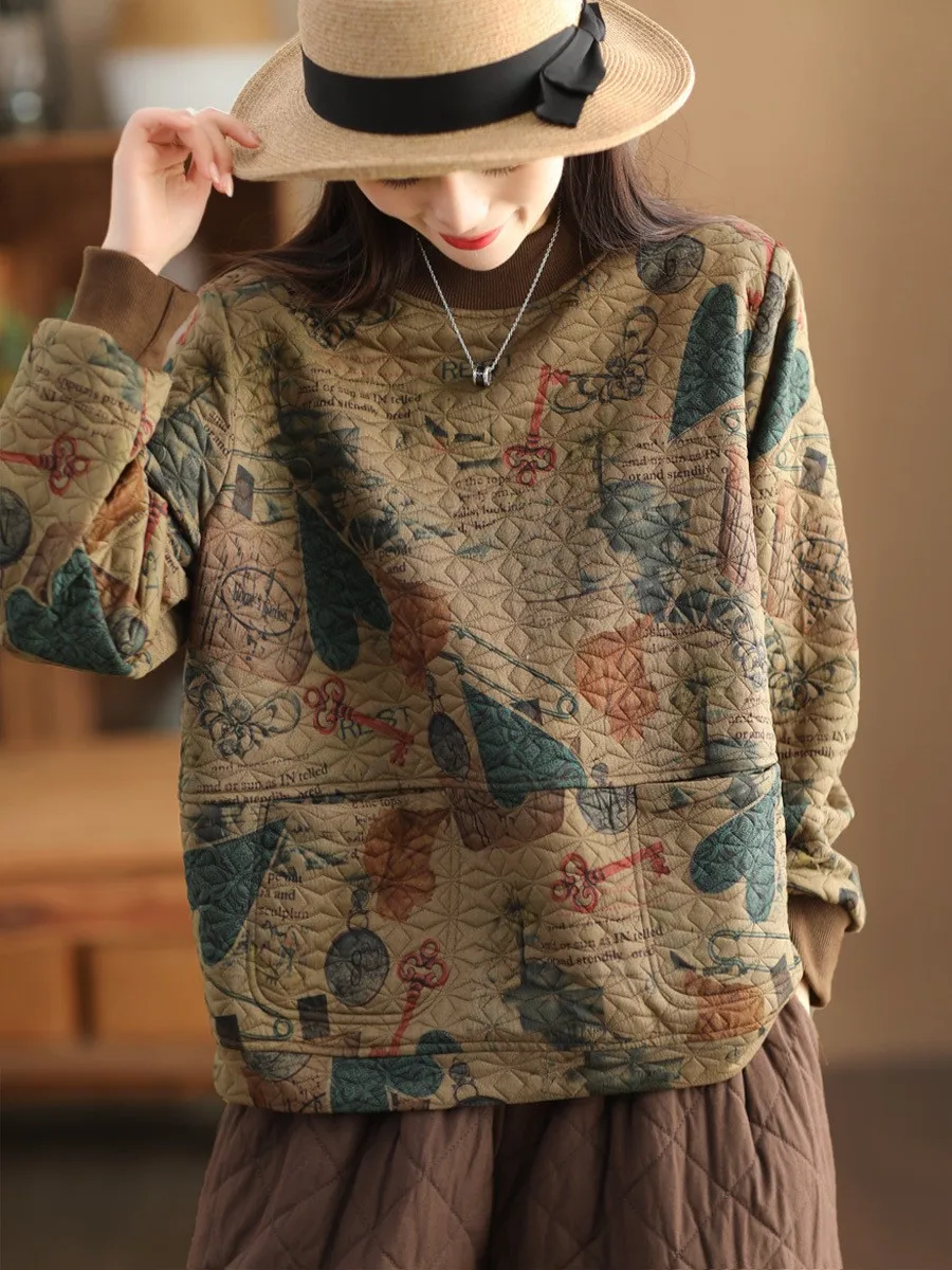 Vintage Print Cotton Linen Women Sweatshirt Fashion Patchwork Thicken Loose Pockets Literary Elegant Simple Cozy Female Pullover