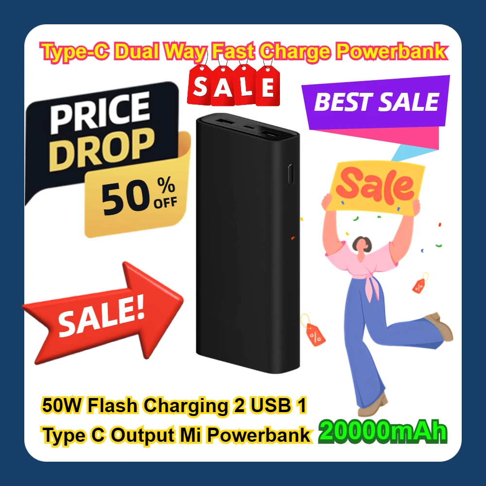 Type-C Dual Way Fast Charge Powerbank 50W Flash Charging 2 USB 1 Type C Output Mi Powerbank 20000mAh PowerBank