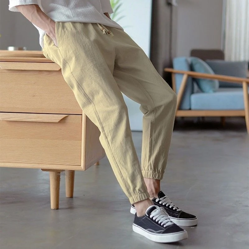Летние облегающие льняные повседневные брюки, мужская мода, оригинальная одежда 2024, новые винтажные укороченные брюки в корейском стиле Y2k для мужчин