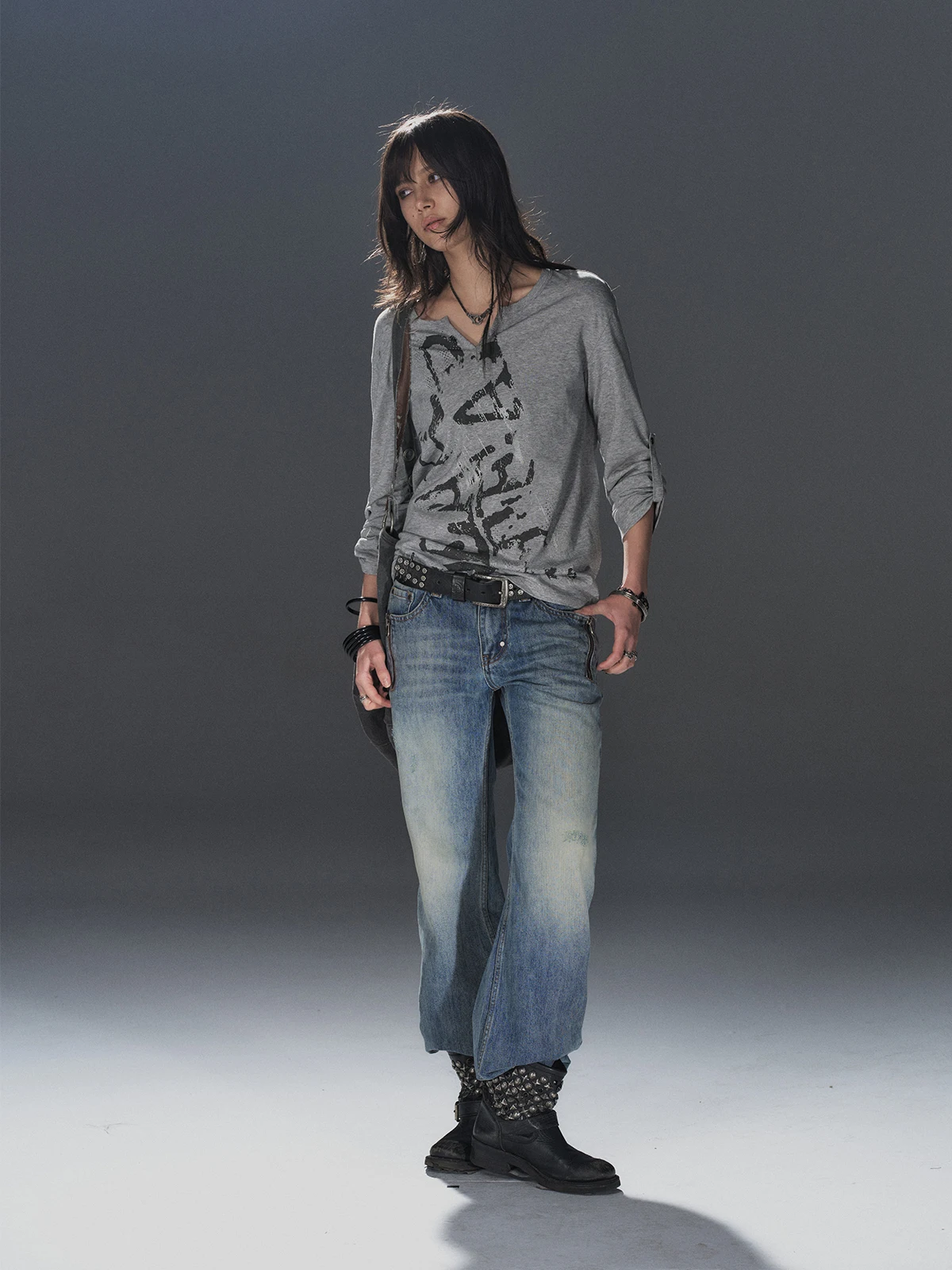 

Silver Print-adjustable Sve Punk Street Sle Loose Lightweight Long Sve T-irt Small V-ne Wear And Tear Brand