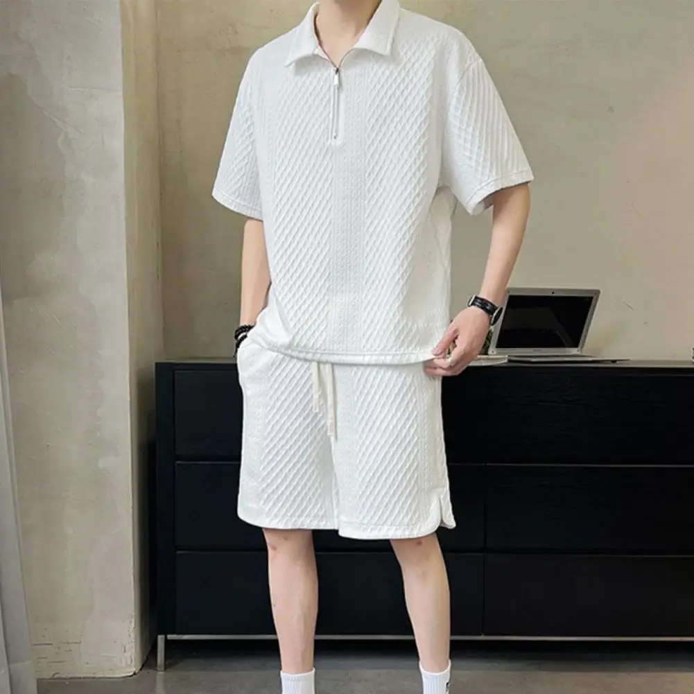 2Pcs Lapel Men Casual Outfit Elastic Waist Drawstring Wide Leg Shorts Set Zipper Half Placket Waffle Texture Ice Silk Sportswear