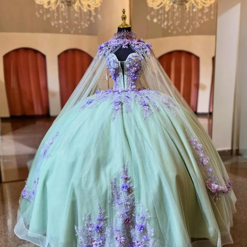 Vestidos de quinceañera verde menta personalizados, apliques con hombros descubiertos, cola larga de tul, Vestido de flores 3D, 15 quinceañeras