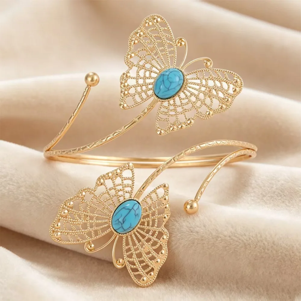 Vintage Butterfly Open Cuff Armlet Hollow Design Turquoise Inlay Open Arm Ring Adjustable Opening Metal Curtain Buckle Skirt