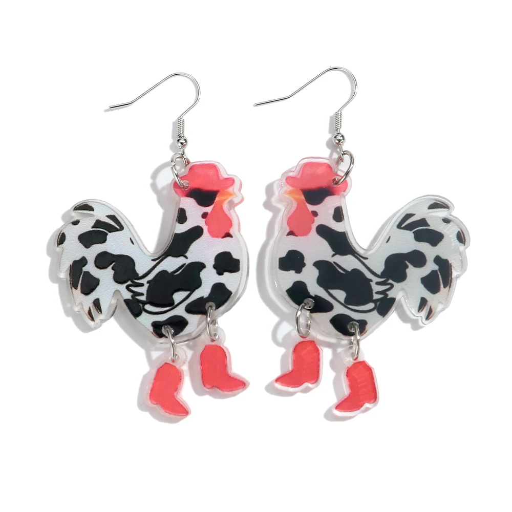 Novelty Cow Pattern Chicken Earrings Acrylic Rooster With Cowboy Hat Red Boots Drop Earrings Funny Animal Statement Jewelry