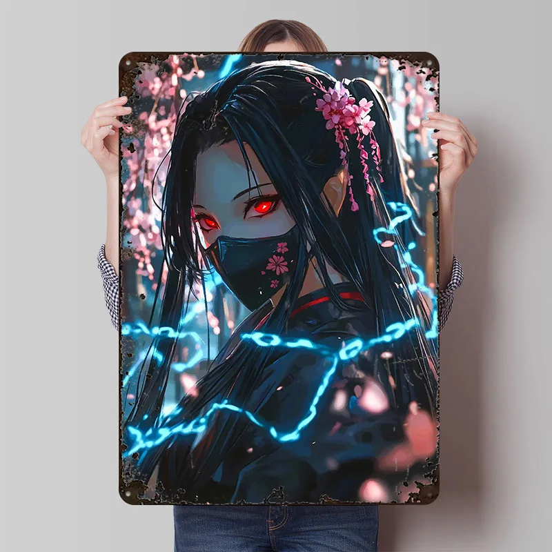 Nezuko Kamado With Sakura Poster Customized Wall Art Vintage Metal Signs Retro Tin Plaque for Man Cave Decoration Home House