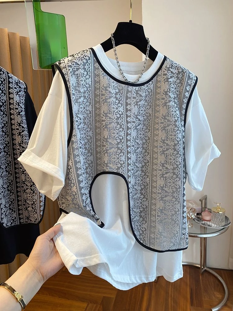 Fashion Vintage Women Clothes O Neck Short Sleeve T Shirts Irregular Embroidery Gauze Vests Summer Casual Loose Two Piece Set