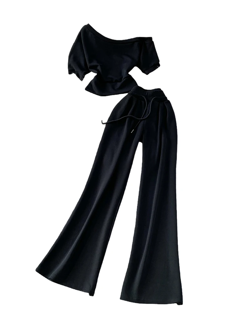 Sexy Slimming High Waist Wide Leg Pants Top Bottoms Set One Shoulder Short Length Belly Baring Two Piece Suit for Women