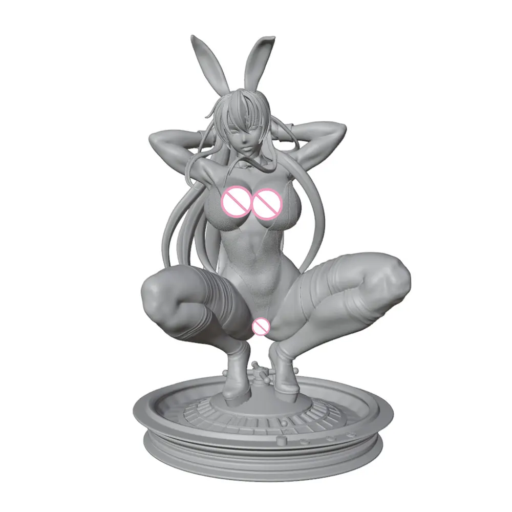 1/24/6 Casual Gaming-Style Long-Haired Bunny Girl, Sexy Anime Girl Resin Model Kit, Mini 3D-Printed Grey Model Statue,Unpainted