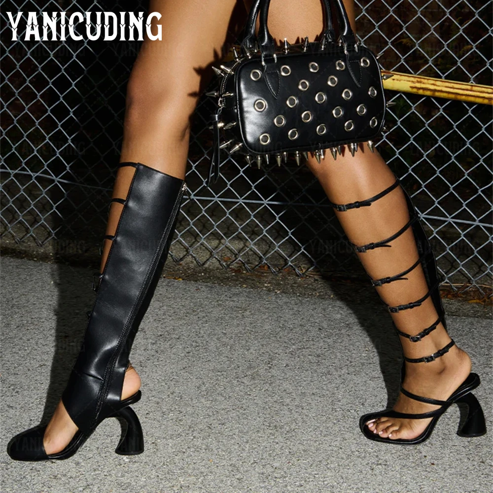 Uniquely Curved Heel Sandal Boots Asymmetrical Novelty Gladiator Sandals Faux Glossy Snakeskin Knee-High Women Boots for Summer