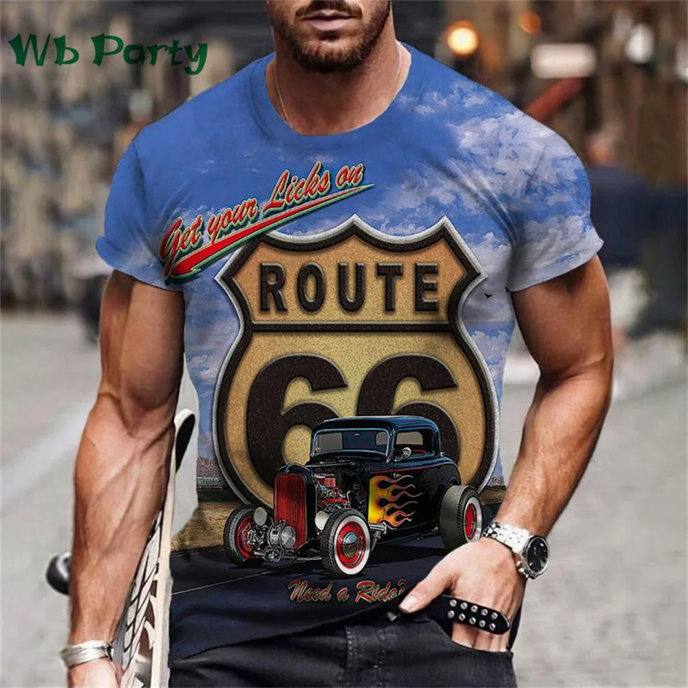 

Vintage Men's T-shirt Route 66 Motorcycle Printed T-shirt Men's Short Sleeve T-shirt Men's T-shirt Men's Round Neck Top