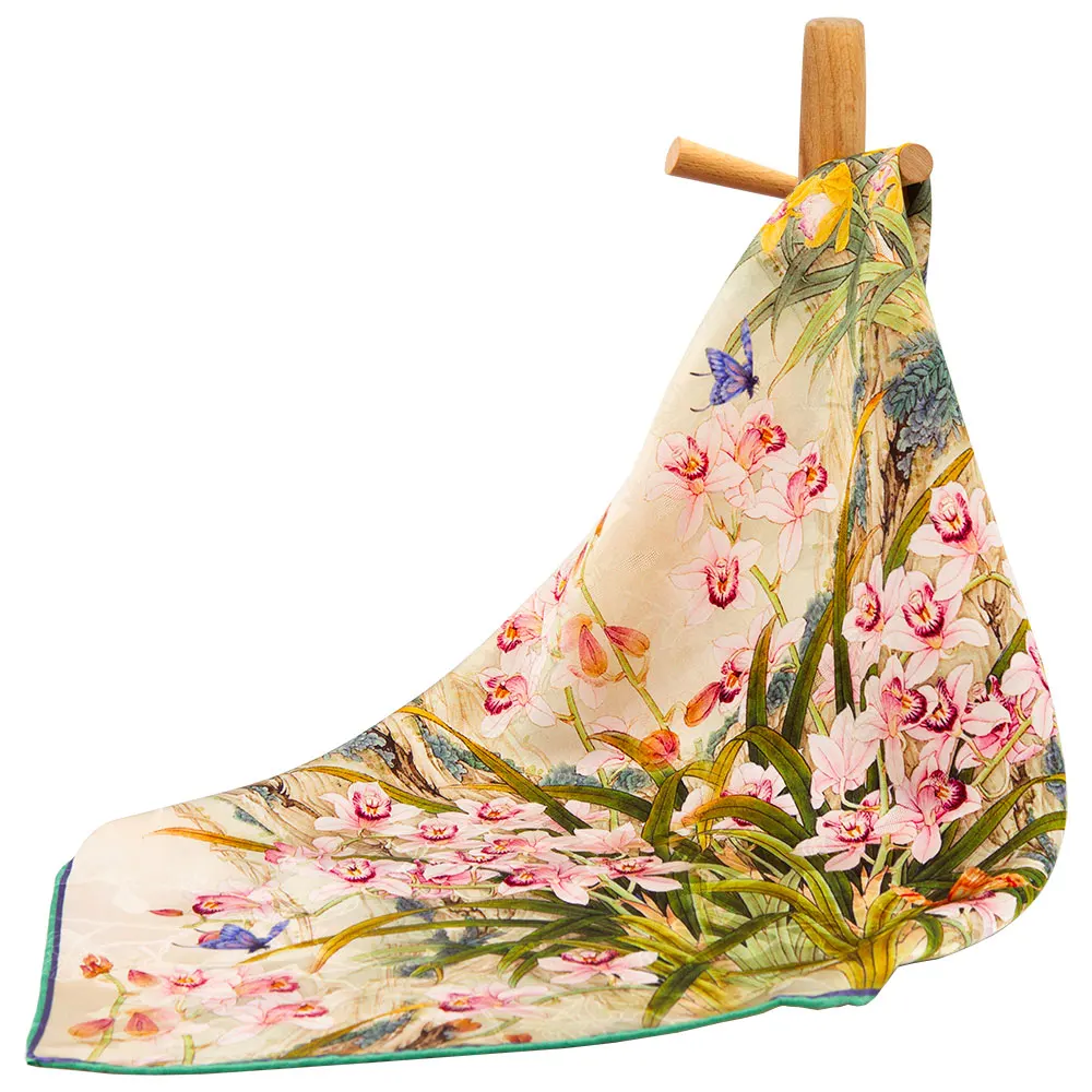 

53 см бандана из 100% чистого шелка, женский шарф для волос, носовой платок Hualuo, повязка на голову с бабочкой Kesi, шейный платок с орхидеей, роскошный подарок для женщин