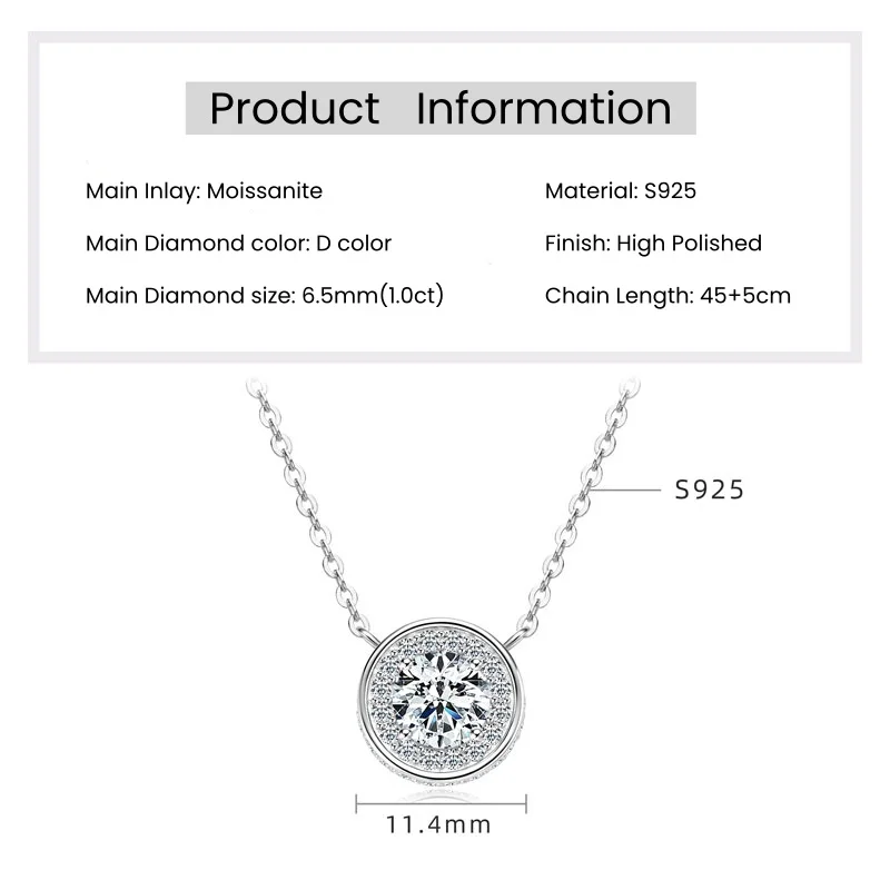 IOGOU 1CT vvs1 D Color Moissanite Round Diamond Pendant Necklace for Women 925 Sterling Silver Engagement Luxury Jewelry Gift