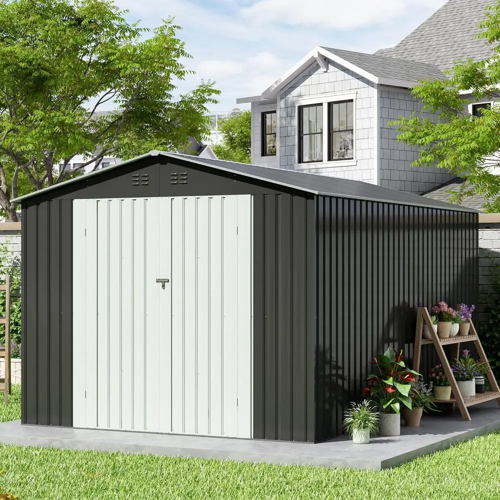 Large Outdoor Metal Storage Shed with Weathered Structure and Lockable Door, Suitable for Garden Tools, Grey