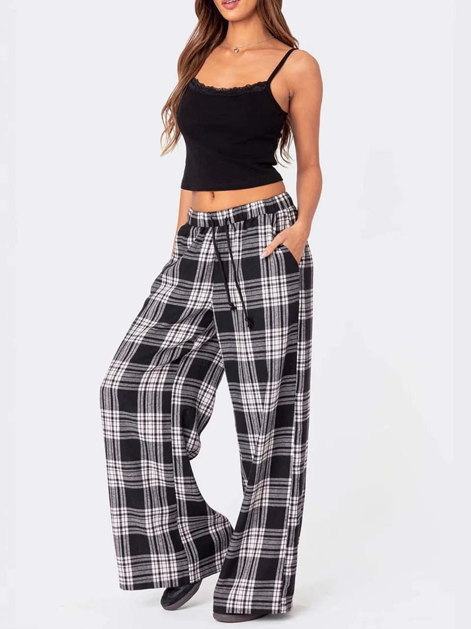 

BluWin 2025 Fashion Loose Wide-Leg Plaid Pants Women Elastic Waist Straight-Leg Casual Trousers Soft Flannel Long Pants