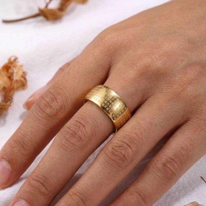 1 Piece Stainless Steel Ring Plated with 18K Gold with Hundred Blessings Engraving, Auspicious Scripture Wide Version Men's Ring, Suitable for Men's Daily Wear and as a Gift