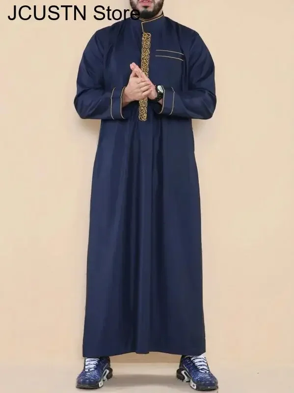 Men's Loose Robe Arab Muslim Men's Thobe with Long Sleeves Embroidered Stand Collar Islamic Men's Traditional Clothing