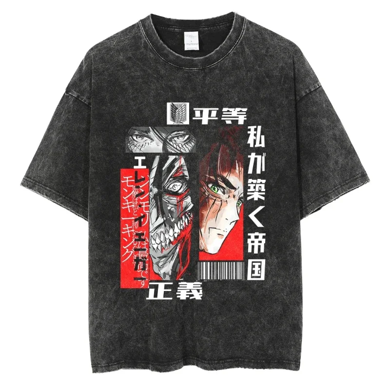 

Attack on The Giant Anime Joint Official T-shirt Washed Old Retro Pure Cotton Fashion High Street Trend Unisex Y2K Harajuku
