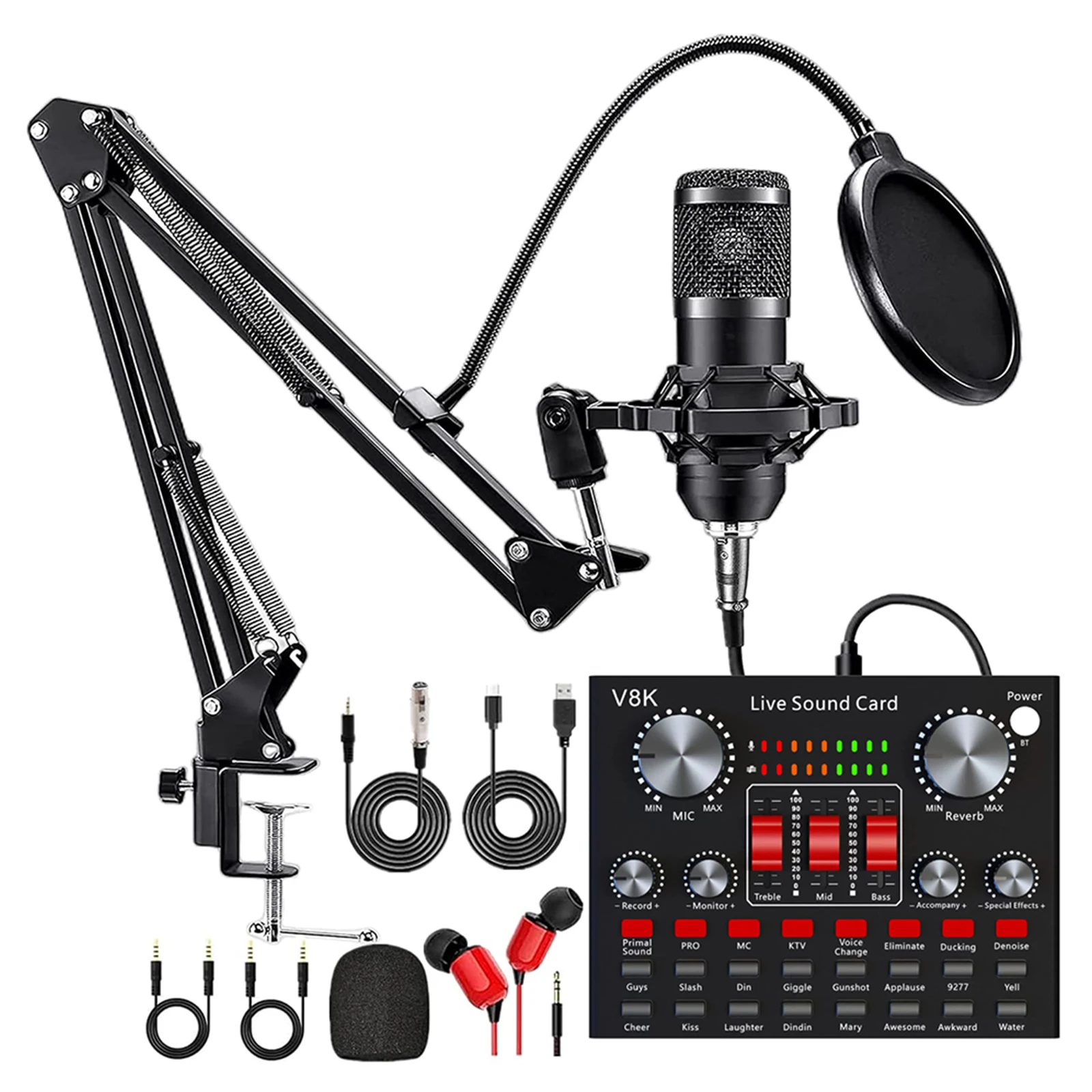 

All-in-One Hanging Condenser Microphone Kit V8K Live Sound Card Voice Changer Microphone Kit for Music/Recording Live Streaming